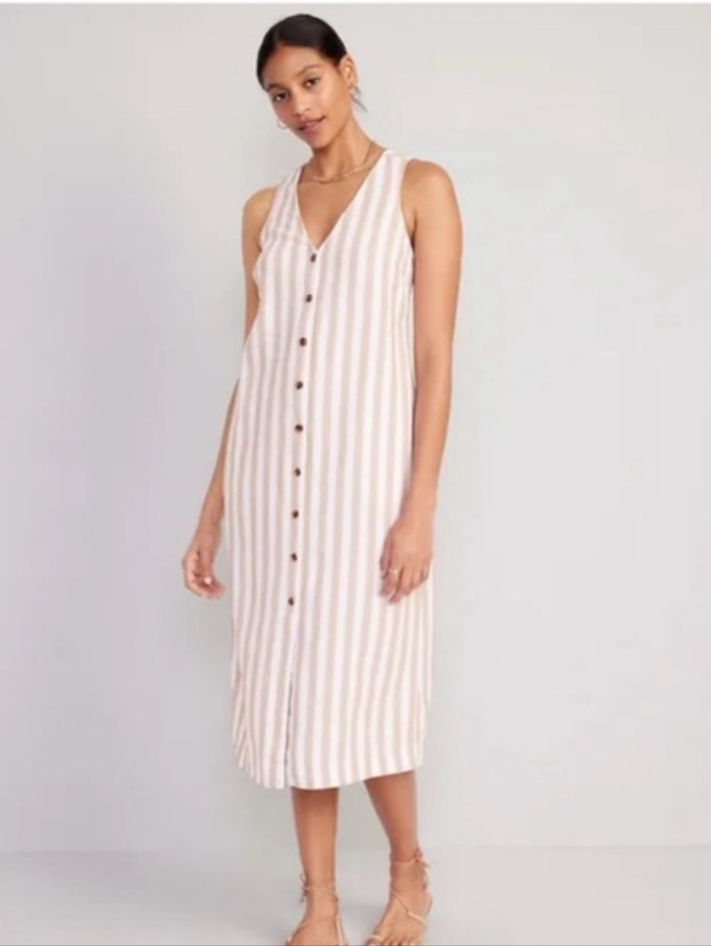 Old Navy Striped Linen Midi Tank Dress Small Tan White Button Front Beach Casual